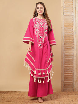 FASHOR - Embroidered Kurta With Palazzo - Pink (Set of 2)