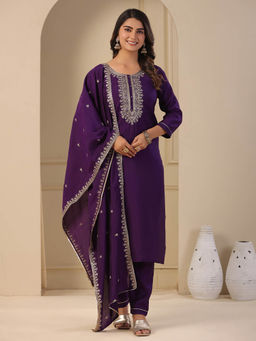 FASHOR - Solid Embroidered Kurta With Pant & Dupatta - Purple (Set of 3)