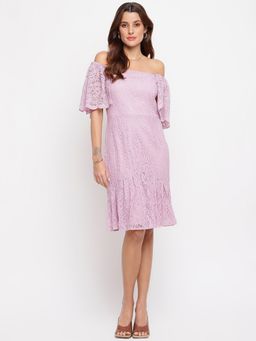 Latin Quarters - Purple Off Shoulder Lace Shift Dress With Ruffles