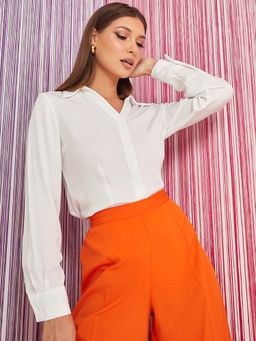 Styli - White Long Sleeves Concealed Placket Regular Length Shirt