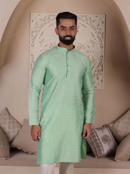 Lightpole - Men Green Ethnic Printed Dupion Silk Kurta