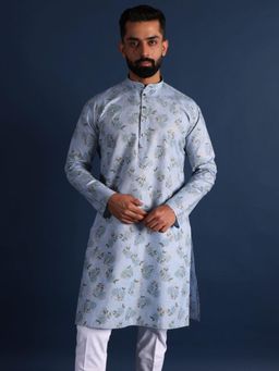 Lightpole - Men Ethnic Floral Printed Blue Kurta