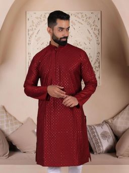 Lightpole - Designer Maroon Cross Lining Thread Work Men Kurta