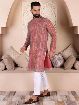 Lightpole - Designer Red Printed Cross Lining Work Men Kurta