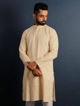 Lightpole - Men Cottom Light Beige Coloured Solid Kurta