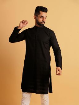 Lightpole - Men Black Embroidered Cotton Linen Stylish Kurta