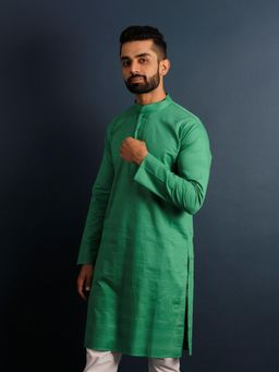 Lightpole - Men Pure Cotton Solid Green Kurta