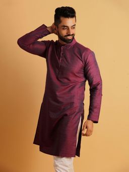 Lightpole - Men Magenta Dupion Silk Slim Fit Printed Kurta
