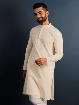 Lightpole - Men Cream Coloured Solid Straight Kurta