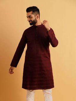 Lightpole - Men Lining Embroidered Maroon Cotton Kurta