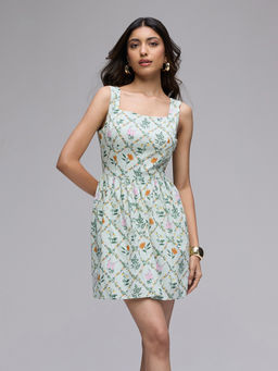 Twenty Dresses by Nykaa Fashion - Green Floral Strappy Gathered Waist Fit And Flare Mini Dress