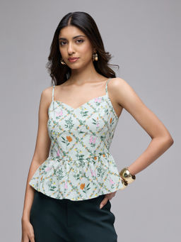 Twenty Dresses by Nykaa Fashion - Green Floral Strappy Cut And Sew Detail Peplum Top