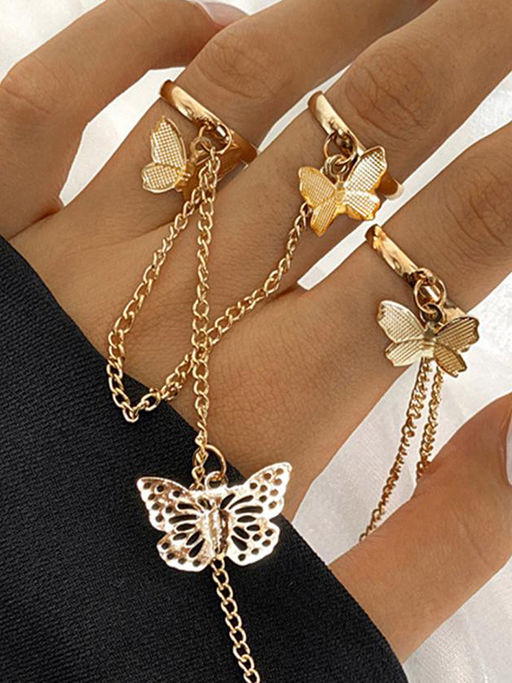 Jewels Galaxy Gold Plated Gold Toned Butterfly Inspired Chain Rings (Set of 2)