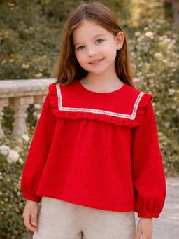 AWW HUNNIE - Cotton Full Sleeves Embroidered Top - Red