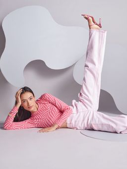 Twenty Dresses by Nykaa Fashion - Pink Full Sleeves Round Neck Checks Crop T-shirt