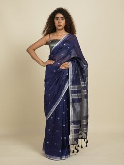 Suta - Blue and Silver Polka Linen Zari Saree