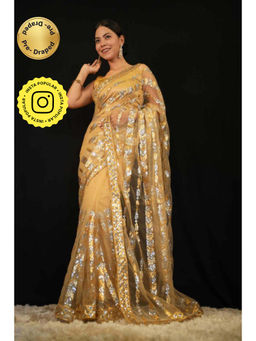 Isadora Life - Womens Sequined Beige Pre-Draped Saree With Unstitched Blouse