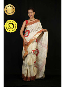 Isadora Life - Womens Printed Beige Pre-Draped Saree With Unstitched Blouse
