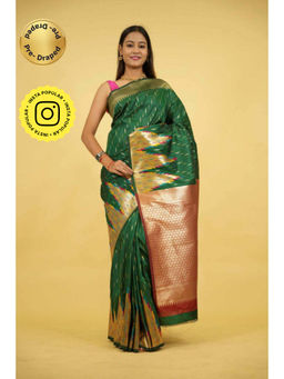 Isadora Life - Womens Woven Zari Green Pre-Draped Saree With Unstitched Blouse