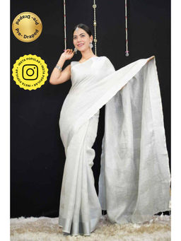Isadora Life - Womens Solid Tassels White Pre-Draped Saree With Unstitched Blouse
