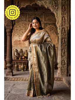 Isadora Life - Womens Woven Embroidered Grey Pre-Draped Saree With Unstitched Blouse