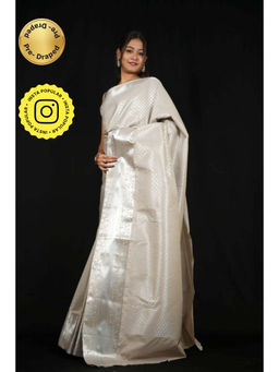Isadora Life - Womens Woven Zari White Pre-Draped Saree With Unstitched Blouse
