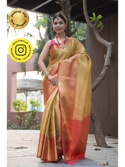 Isadora Life - Womens Woven Zari Beige Pre-Draped Saree With Unstitched Blouse