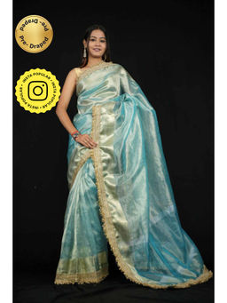 Isadora Life - Womens Solid Embroidered Blue Pre-Draped Saree With Unstitched Blouse