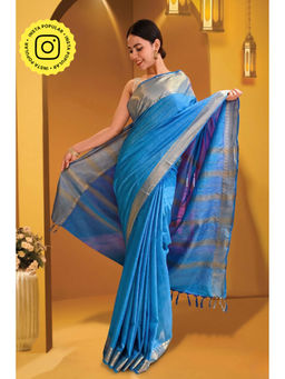 Isadora Life - Womens Woven Zari Blue Pre-Draped Saree With Unstitched Blouse