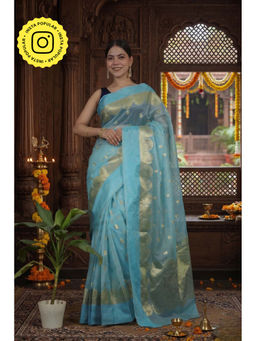 Isadora Life - Womens Woven Zari Blue Pre-Draped Saree With Unstitched Blouse