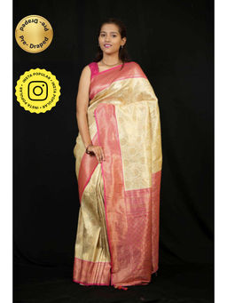Isadora Life - Womens Woven Zari Cream Pre-Draped Saree With Unstitched Blouse