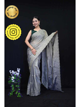 Isadora Life - Womens Embroidered Sequined Grey Pre-Draped Saree With Unstitched Blouse