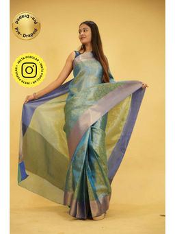 Isadora Life - Womens Floral Zari Blue Pre-Draped Saree With Unstitched Blouse