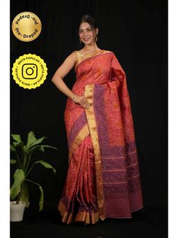 Isadora Life - Womens Printed Red Pre-Draped Saree With Unstitched Blouse
