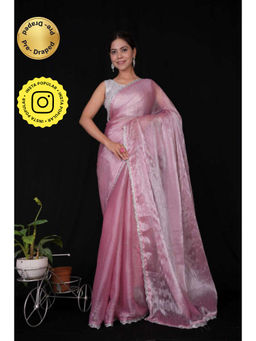 Isadora Life - Womens Sequined Lace Work Pink Pre-Draped Saree With Unstitched Blouse