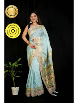 Isadora Life - Womens Embroidered Sequined Blue Pre-Draped Saree With Unstitched Blouse