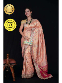 Isadora Life - Womens Bandhani Printed Peach Pre-Draped Saree With Unstitched Blouse