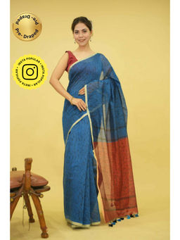 Isadora Life - Womens Printed Tassels Blue Pre-Draped Saree With Unstitched Blouse