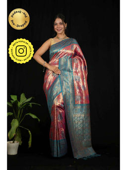 Isadora Life - Womens Woven Zari Pink Pre-Draped Saree With Unstitched Blouse