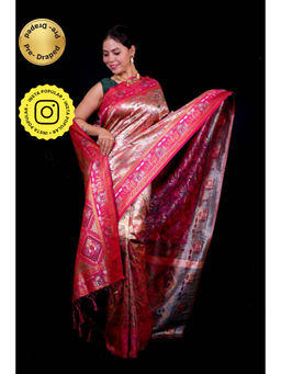 Isadora Life - Womens Woven Zari Pink Pre-Draped Saree With Unstitched Blouse