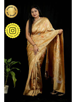Isadora Life - Womens Woven Tassels Gold Pre-Draped Saree With Unstitched Blouse