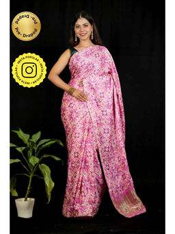 Isadora Life - Womens Printed Embroidered Pink Pre-Draped Saree With Unstitched Blouse