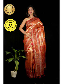 Isadora Life - Womens Woven Zari Orange Pre-Draped Saree With Unstitched Blouse