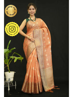 Isadora Life - Womens Woven Zari Orange Pre-Draped Saree With Unstitched Blouse