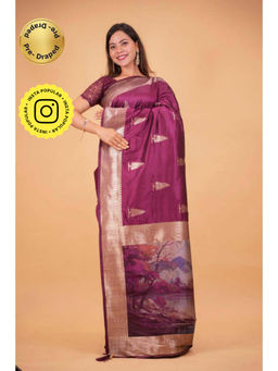 Isadora Life - Womens Woven Zari Purple Pre-Draped Saree With Unstitched Blouse