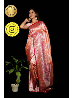 Isadora Life - Womens Woven Tassels Coral Pre-Draped Saree With Unstitched Blouse