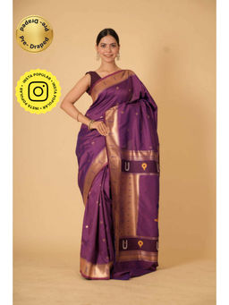 Isadora Life - Womens Woven Zari Purple Pre-Draped Saree With Unstitched Blouse