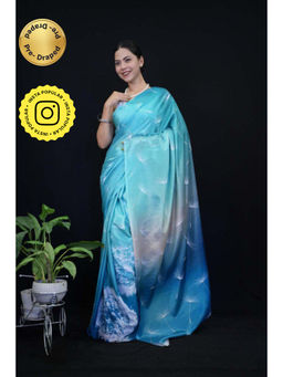 Isadora Life - Womens Printed Blue Pre-Draped Saree With Unstitched Blouse