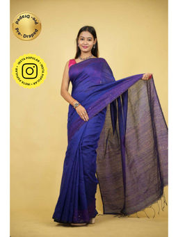 Isadora Life - Womens Sequined Thread Work Blue Pre-Draped Saree With Unstitched Blouse