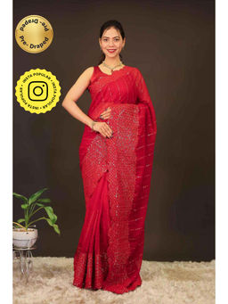 Isadora Life - Womens Embroidered Sequined Red Pre-Draped Saree With Unstitched Blouse